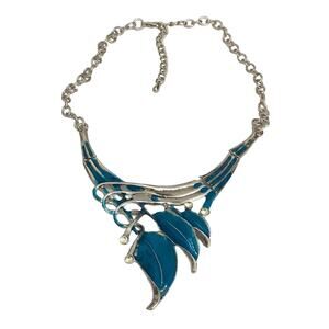 Silver and blue leaf costume jewelry necklace